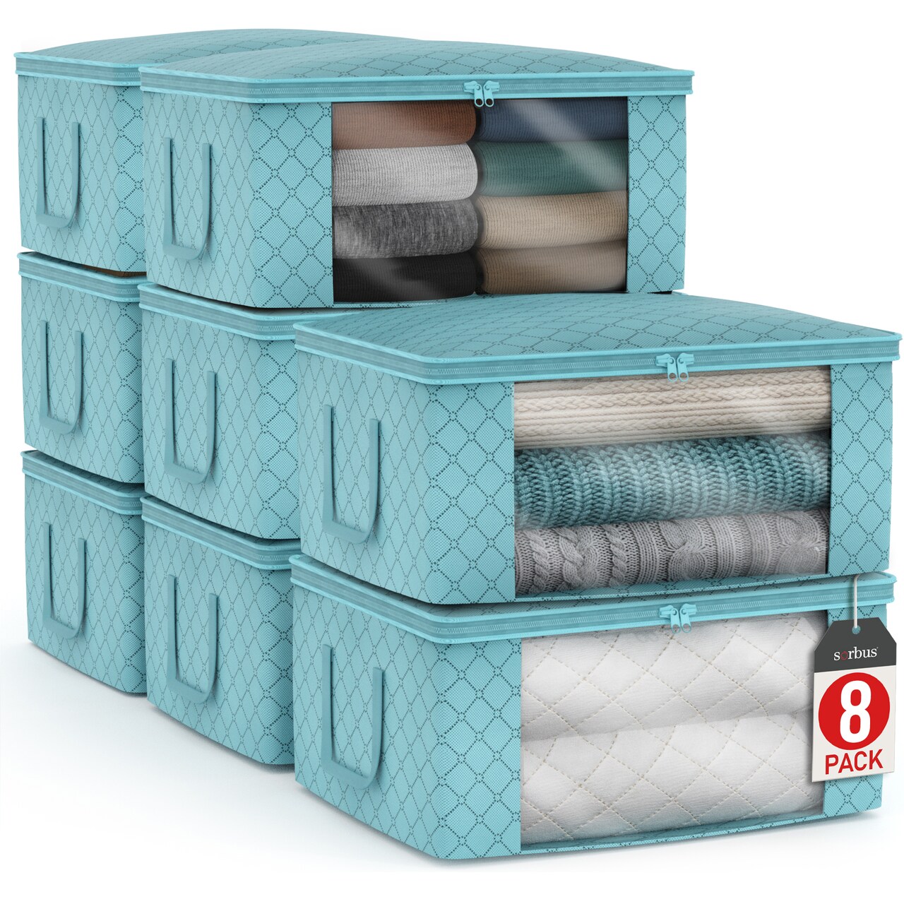 Sorbus Medium Clothes Storage Bags - Foldable Blanket Storage Bins for Organizing Bedroom, Closet, Clothing, Comforter, Organization with Clear Window, Lids and Carry Handles - Set of 8